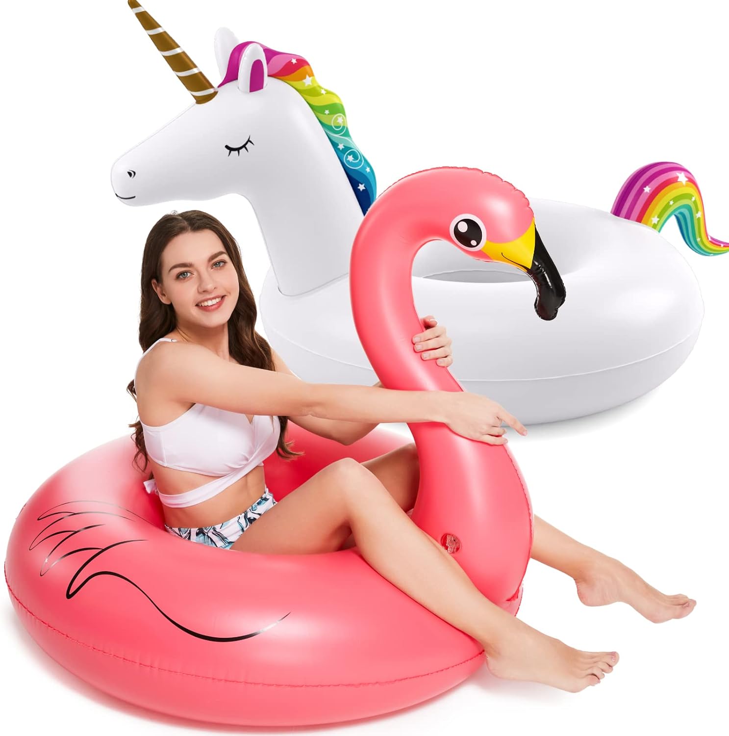 Swimlyra Unicorn & Flamingo Inflatable Pool Float Set, 2-Pack Swim Rings for Adults and Kids