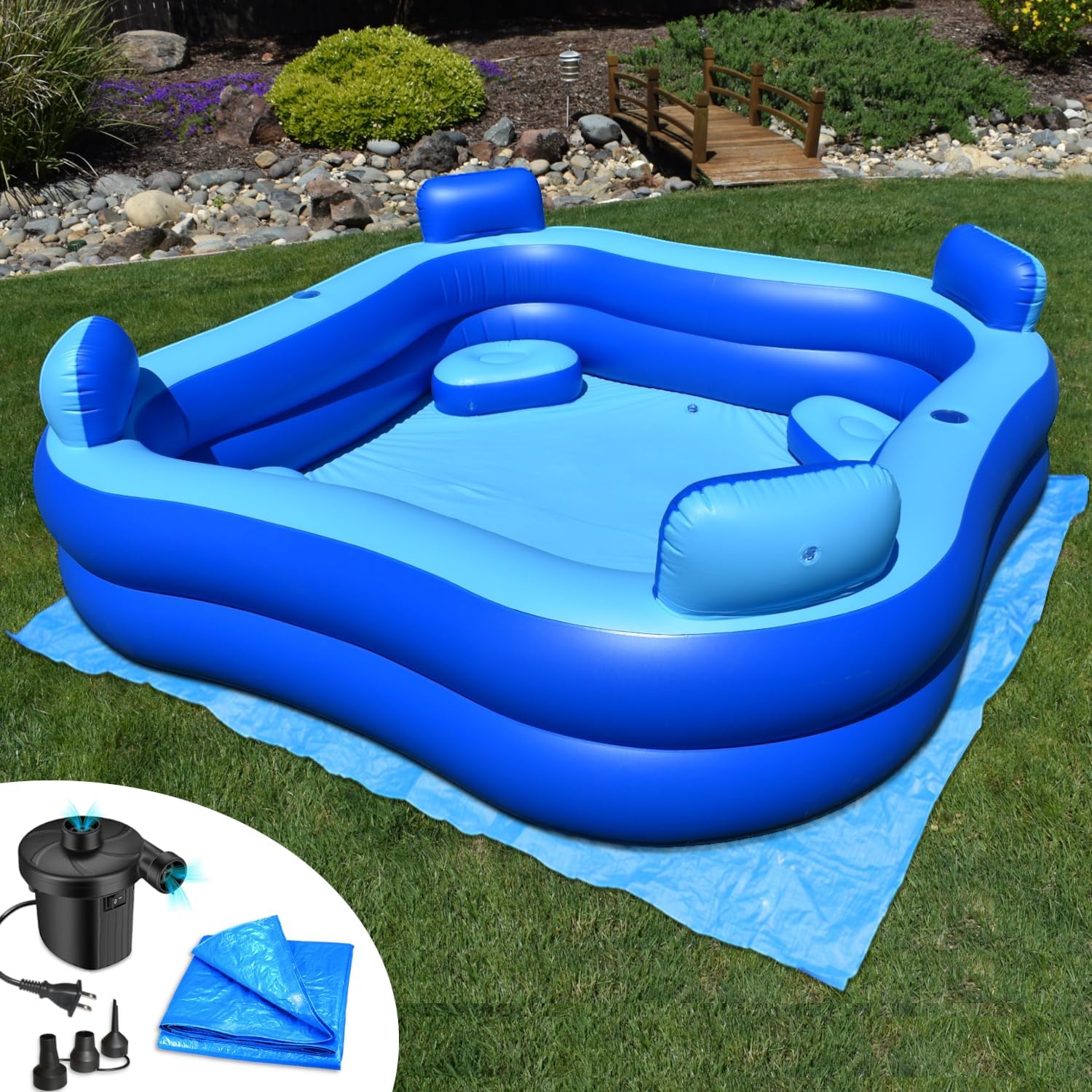 Swimlyra 10ft x 6ft Inflatable Family Pool with Electric Pump and Ground Tarp