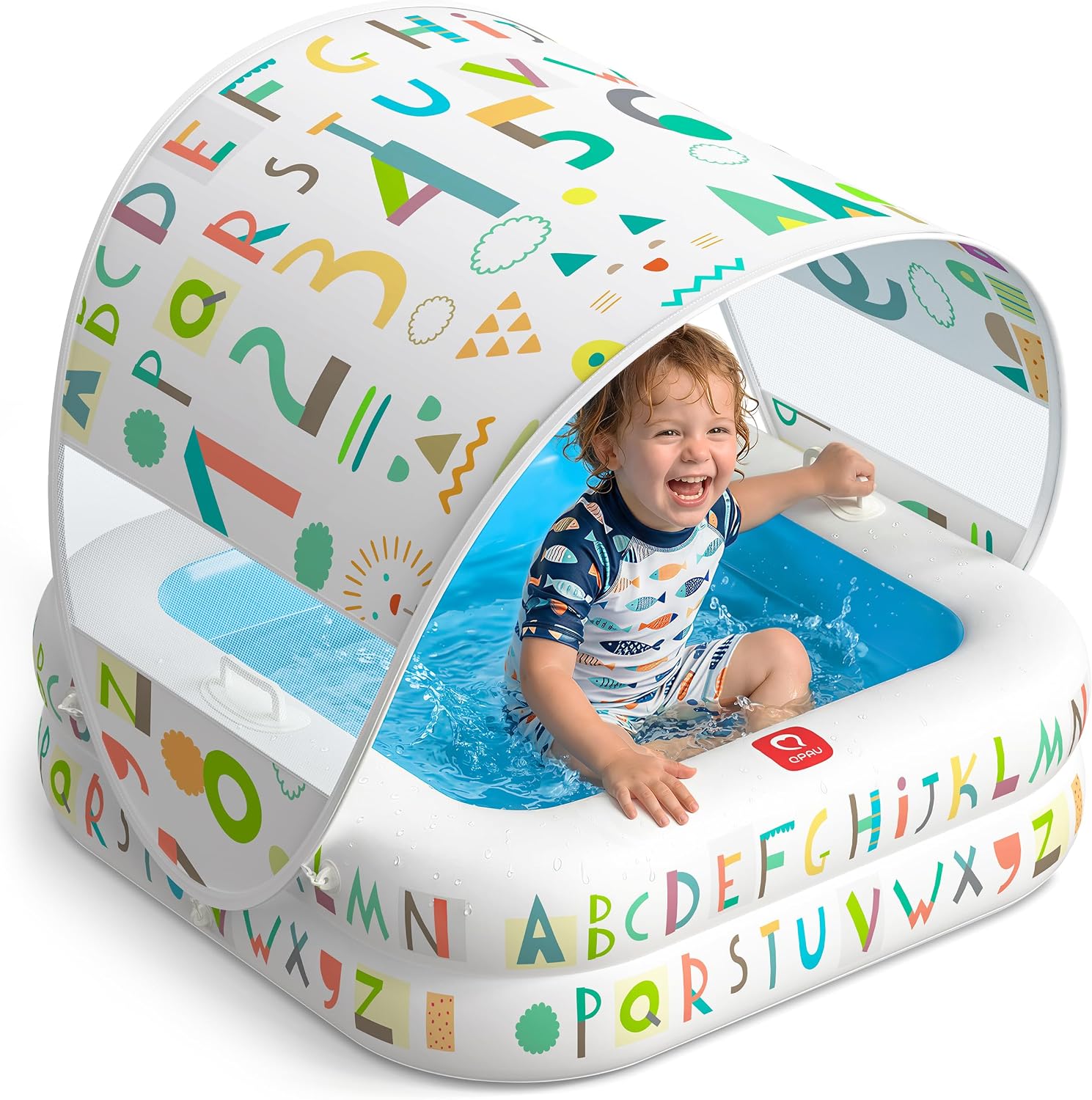 Swimlyra Baby Inflatable Pool with Detachable Sun Canopy, Padded Bottom, 35" Kiddie Pool & Ball Pit for Toddlers 1–3, Blue