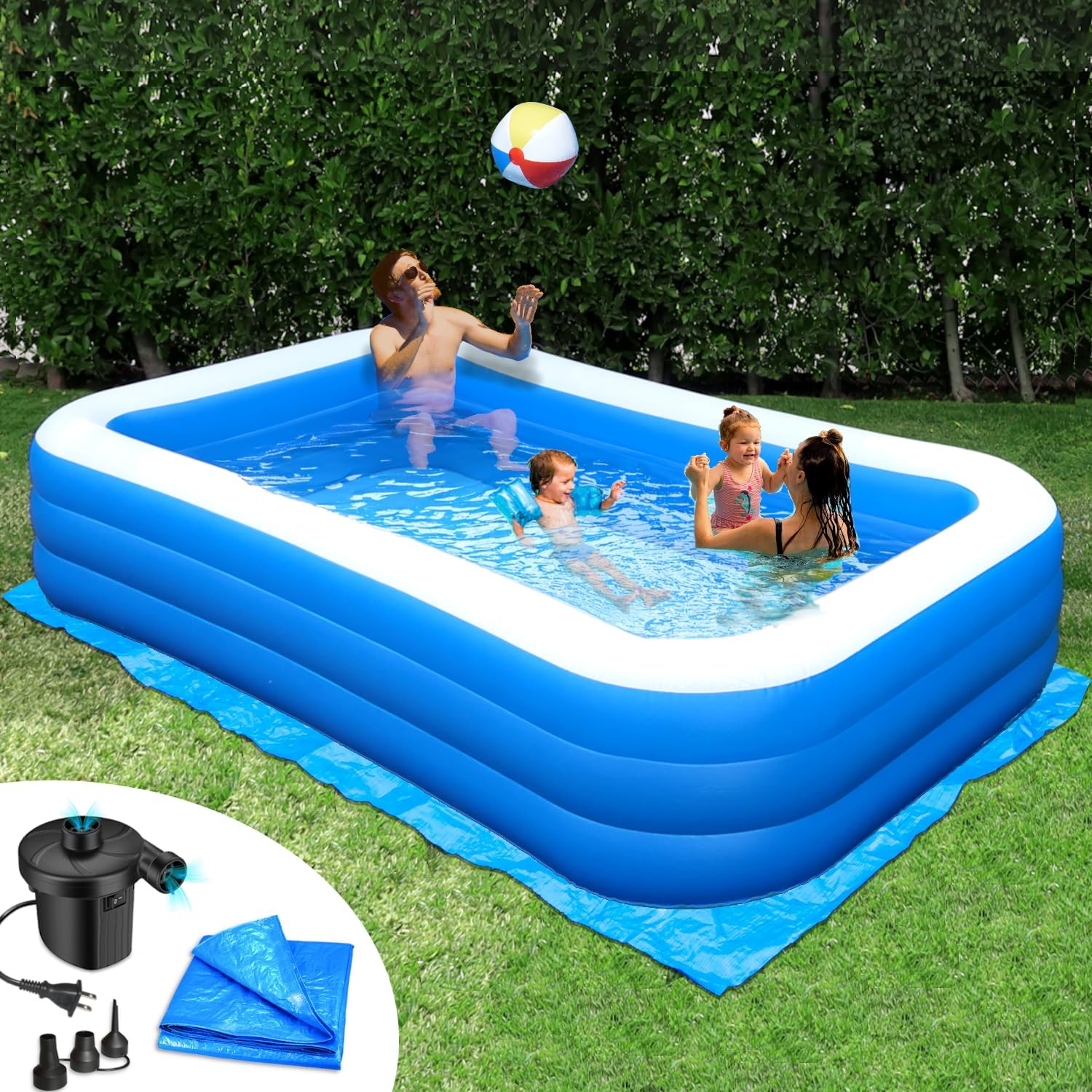 Swimlyra 10ft x 6ft Inflatable Family Pool with Electric Pump and Ground Tarp